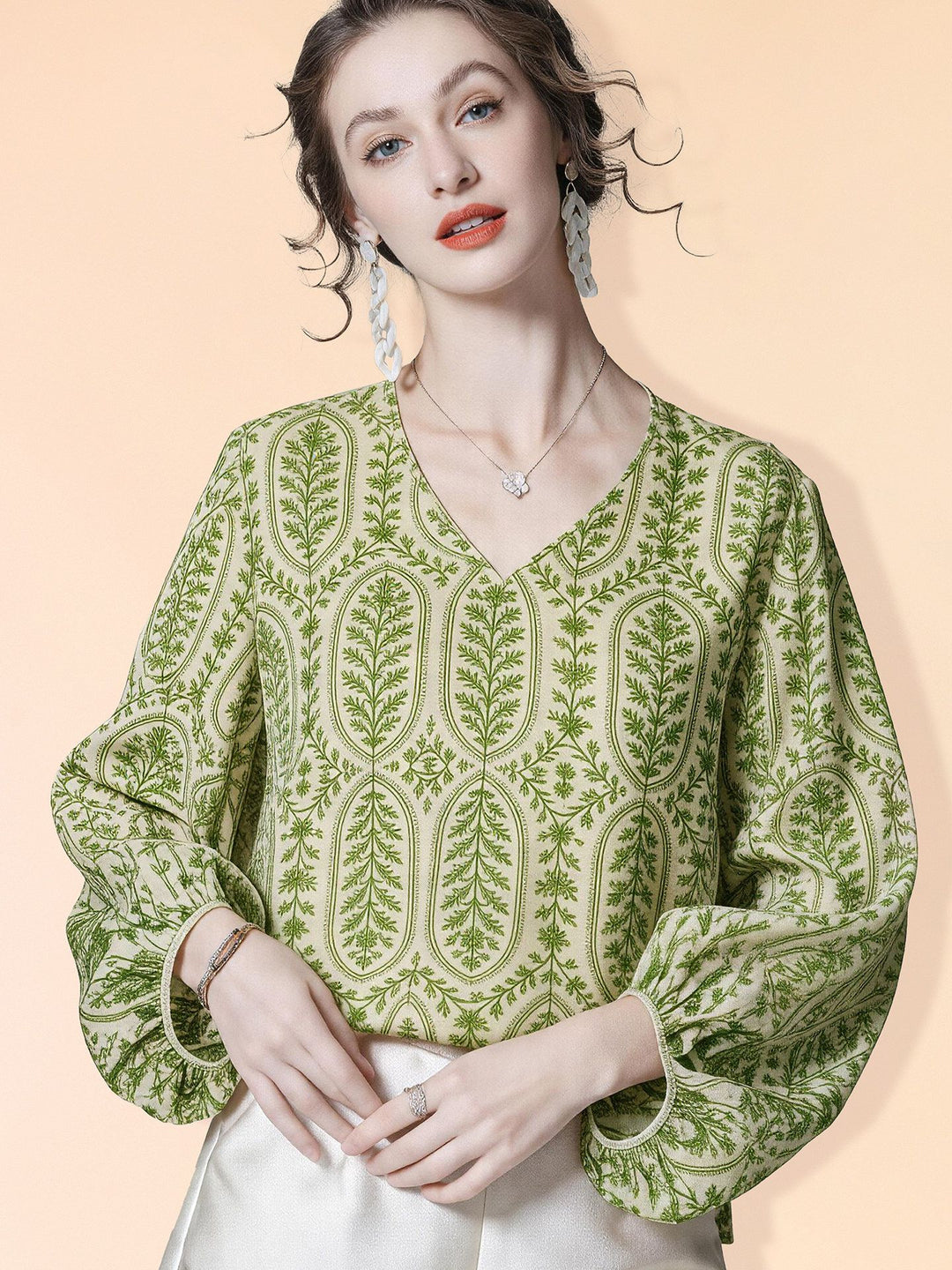 Lightweight Fresh Green Leaves Printed Beige Silk Chiffon Blouse Long Sleeve V-Neck Silk Shirt Top