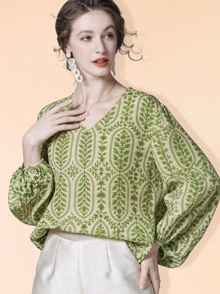 Lightweight Fresh Green Leaves Printed Beige Silk Chiffon Blouse Long Sleeve V-Neck Silk Shirt Top