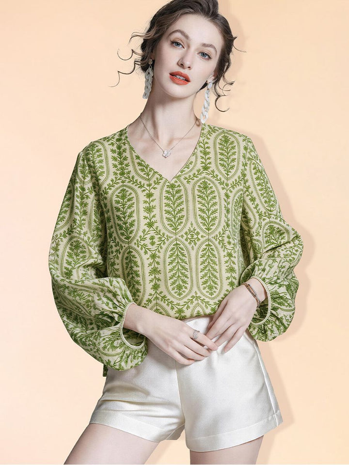 Lightweight Fresh Green Leaves Printed Beige Silk Chiffon Blouse Long Sleeve V-Neck Silk Shirt Top