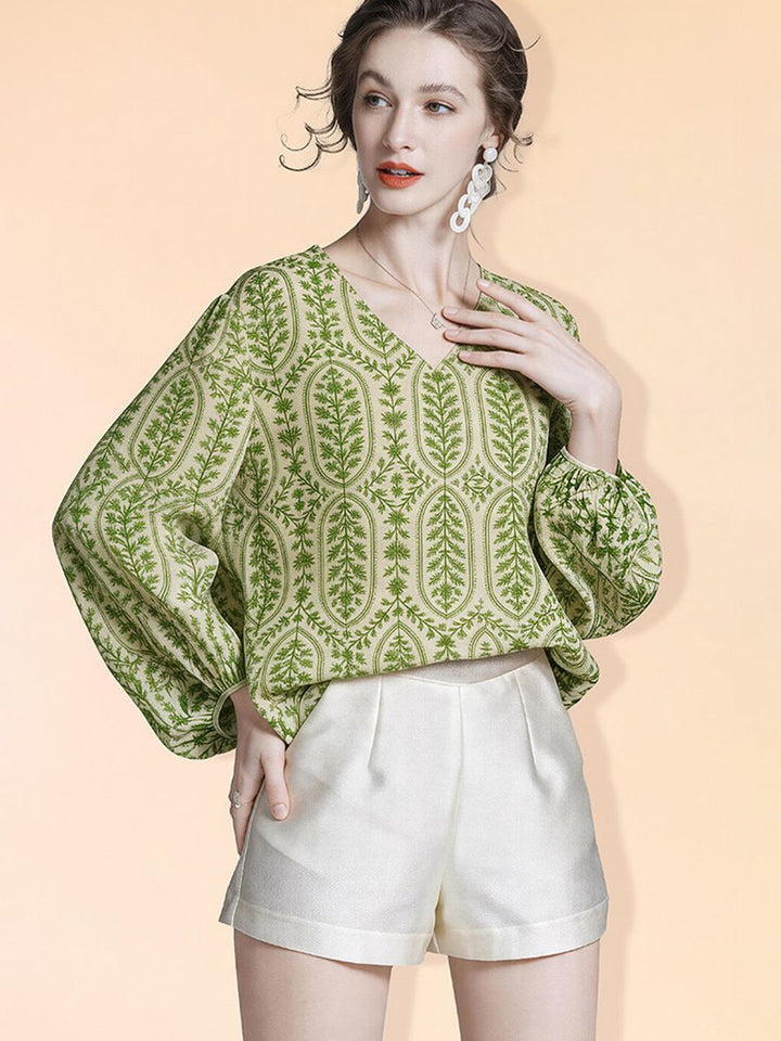 Lightweight Fresh Green Leaves Printed Beige Silk Chiffon Blouse Long Sleeve V-Neck Silk Shirt Top