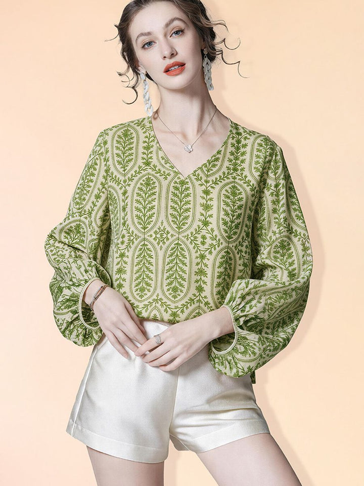 Lightweight Fresh Green Leaves Printed Beige Silk Chiffon Blouse Long Sleeve V-Neck Silk Shirt Top