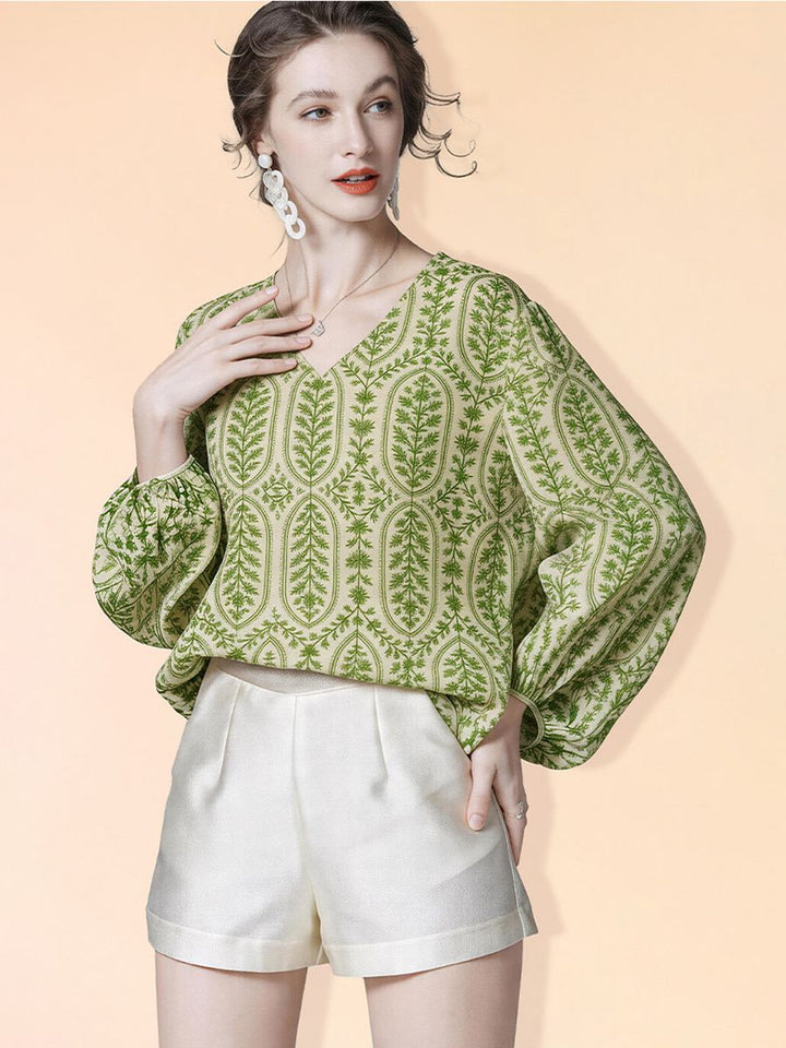 Lightweight Fresh Green Leaves Printed Beige Silk Chiffon Blouse Long Sleeve V-Neck Silk Shirt Top