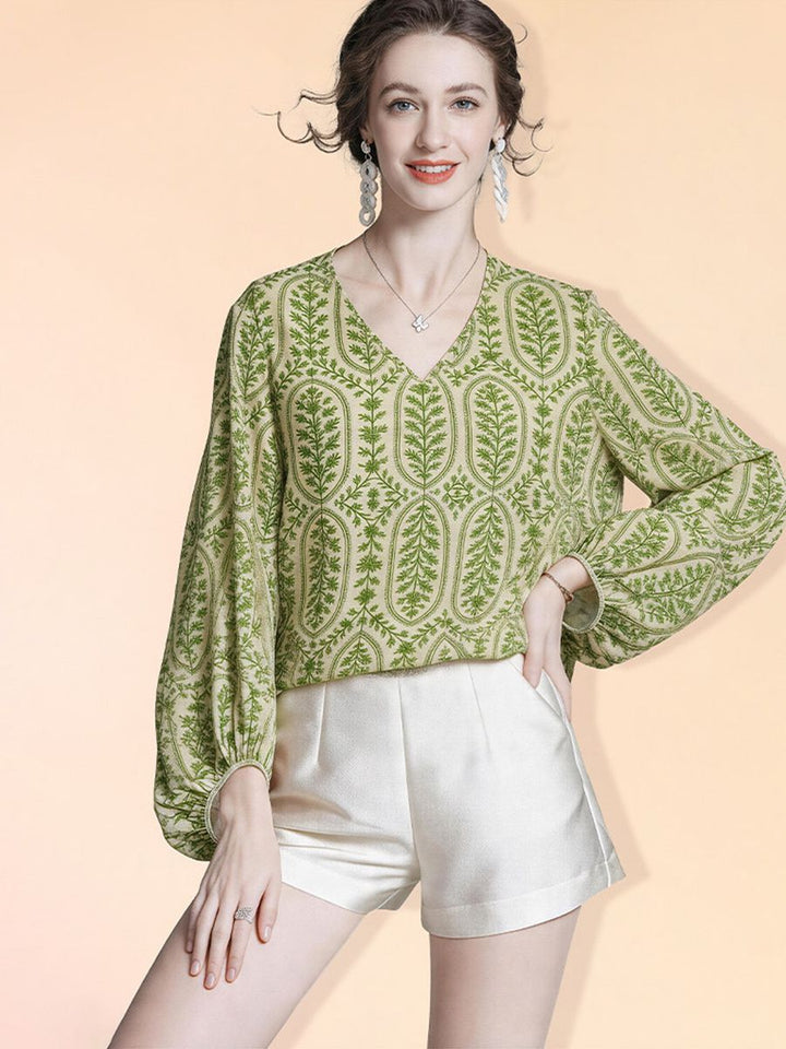 Lightweight Fresh Green Leaves Printed Beige Silk Chiffon Blouse Long Sleeve V-Neck Silk Shirt Top