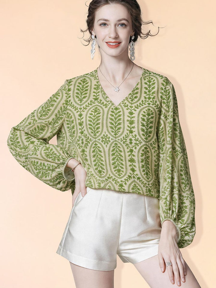 Lightweight Fresh Green Leaves Printed Beige Silk Chiffon Blouse Long Sleeve V-Neck Silk Shirt Top