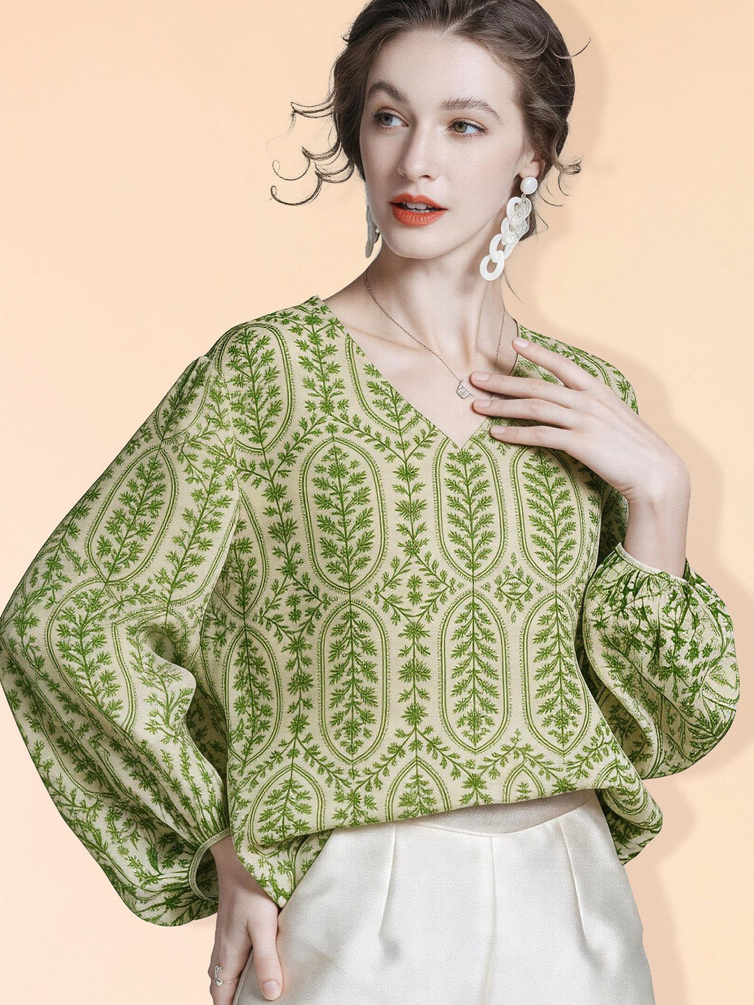 Lightweight Fresh Green Leaves Printed Beige Silk Chiffon Blouse Long Sleeve V-Neck Silk Shirt Top