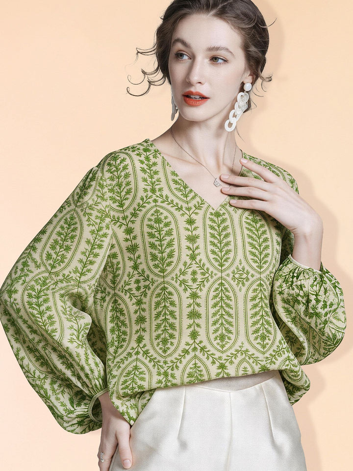 Lightweight Fresh Green Leaves Printed Beige Silk Chiffon Blouse Long Sleeve V-Neck Silk Shirt Top