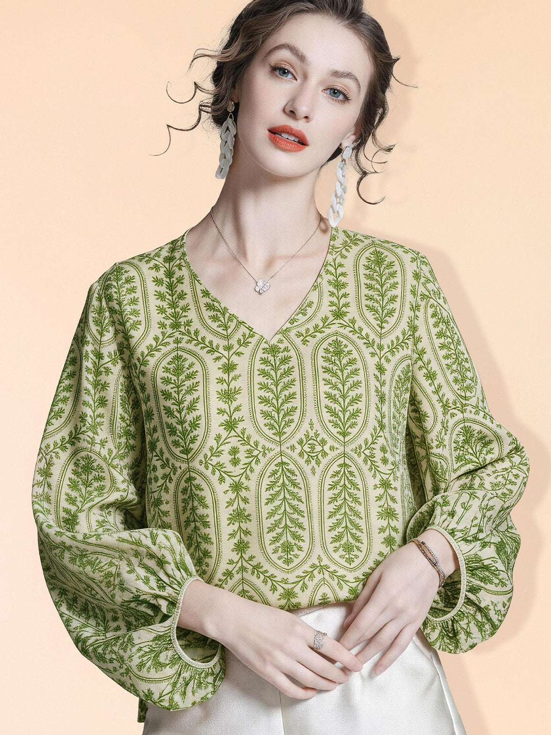 Lightweight Fresh Green Leaves Printed Beige Silk Chiffon Blouse Long Sleeve V-Neck Silk Shirt Top