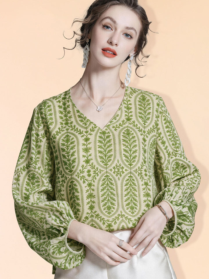 Lightweight Fresh Green Leaves Printed Beige Silk Chiffon Blouse Long Sleeve V-Neck Silk Shirt Top