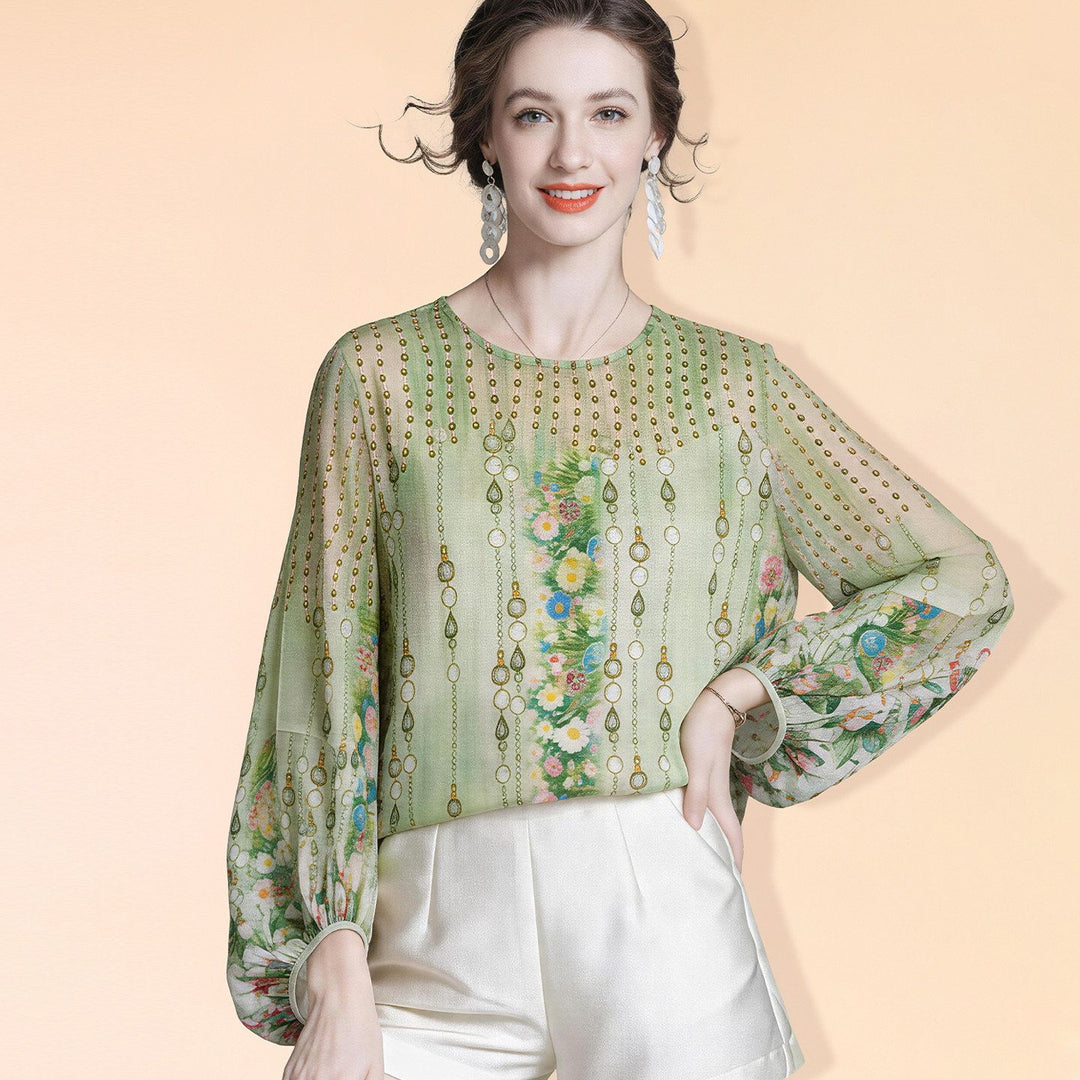 Lightweight Green Printed Round Neck Long Sleeve Summer Silk Chiffon Blouse Sun Protective Cover-up