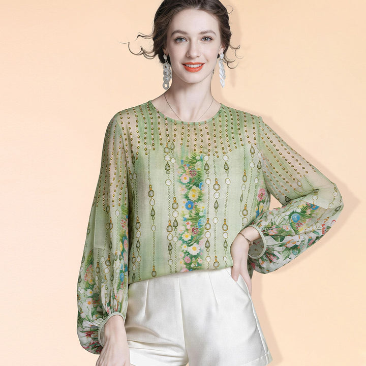 Lightweight Green Printed Round Neck Long Sleeve Summer Silk Chiffon Blouse Sun Protective Cover-up