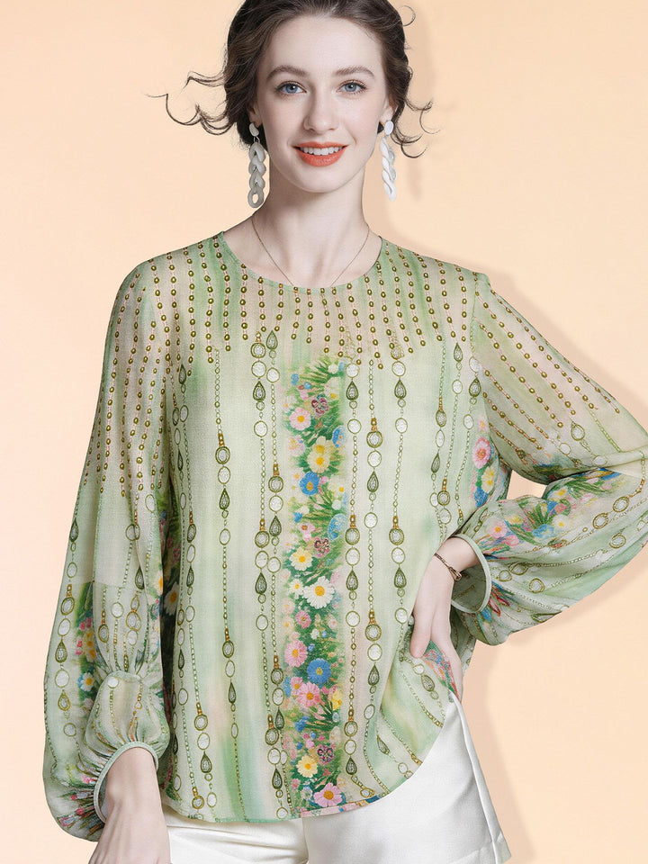 Lightweight Green Printed Round Neck Long Sleeve Summer Silk Chiffon Blouse Sun Protective Cover-up