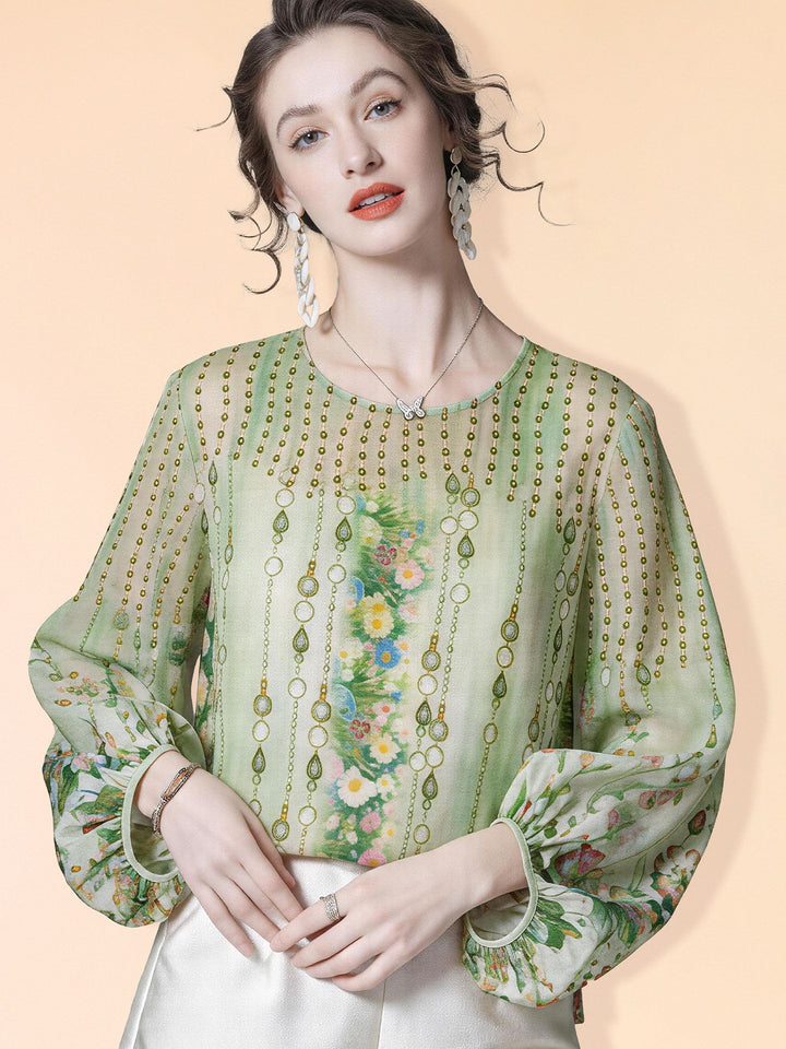 Lightweight Green Printed Round Neck Long Sleeve Summer Silk Chiffon Blouse Sun Protective Cover-up