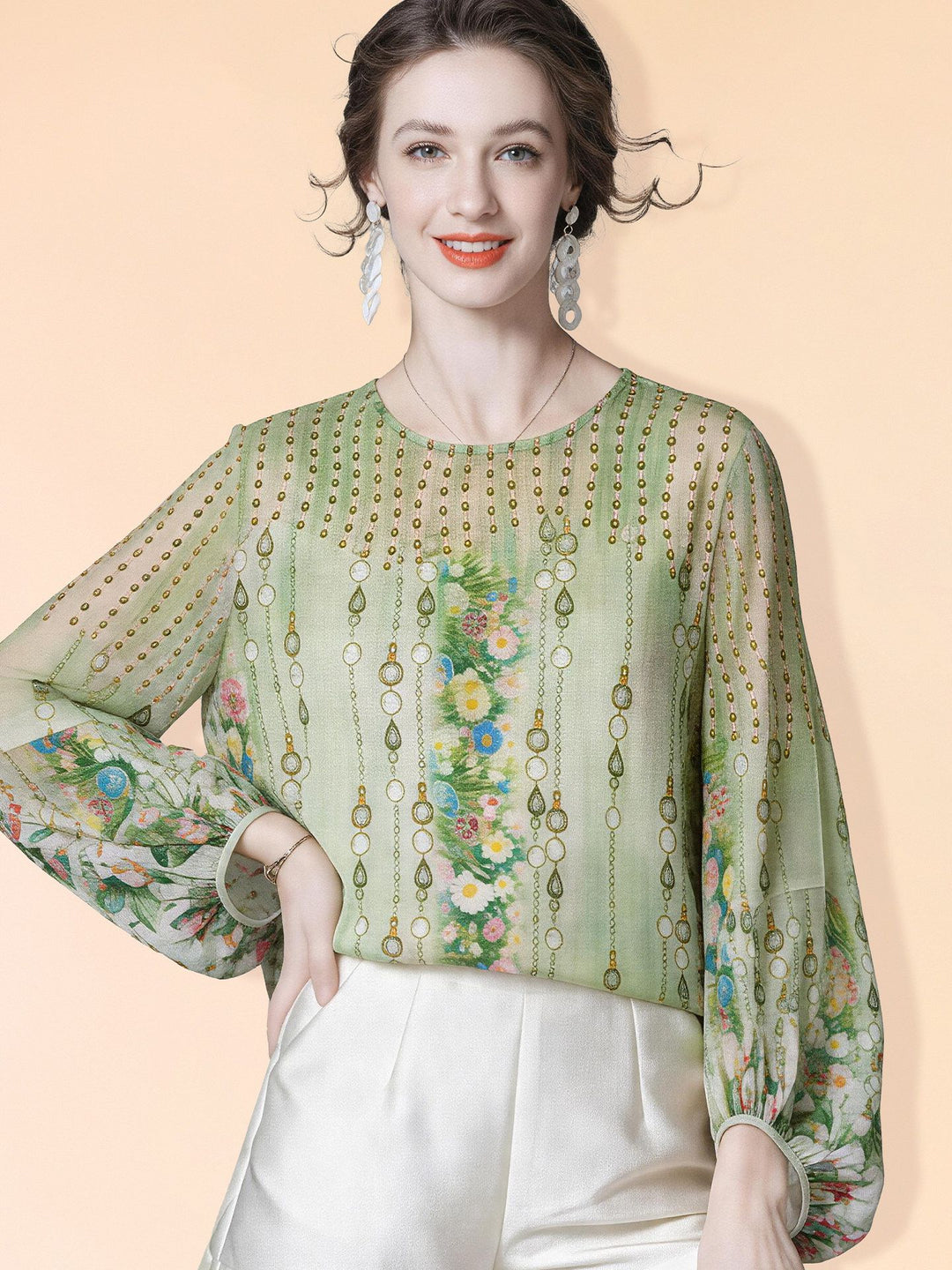 Lightweight Green Printed Round Neck Long Sleeve Summer Silk Chiffon Blouse Sun Protective Cover-up