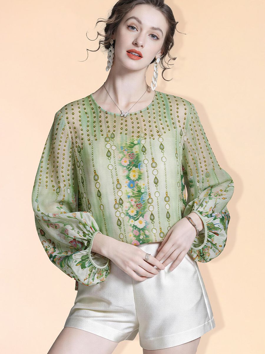 Lightweight Green Printed Round Neck Long Sleeve Summer Silk Chiffon Blouse Sun Protective Cover-up