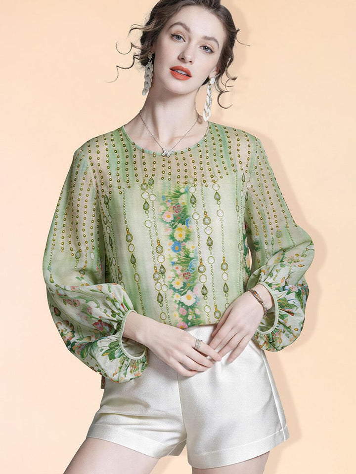 Lightweight Green Printed Round Neck Long Sleeve Summer Silk Chiffon Blouse Sun Protective Cover-up