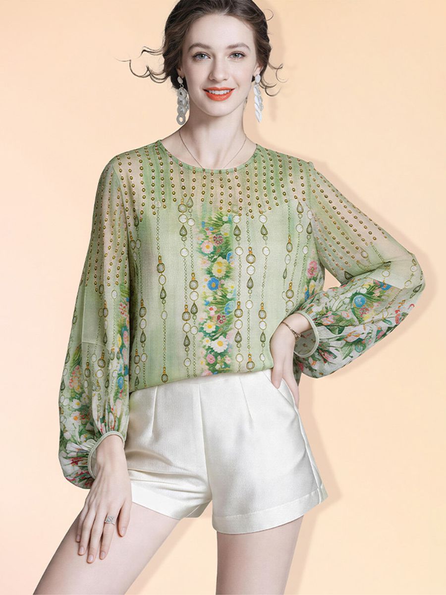 Lightweight Green Printed Round Neck Long Sleeve Summer Silk Chiffon Blouse Sun Protective Cover-up