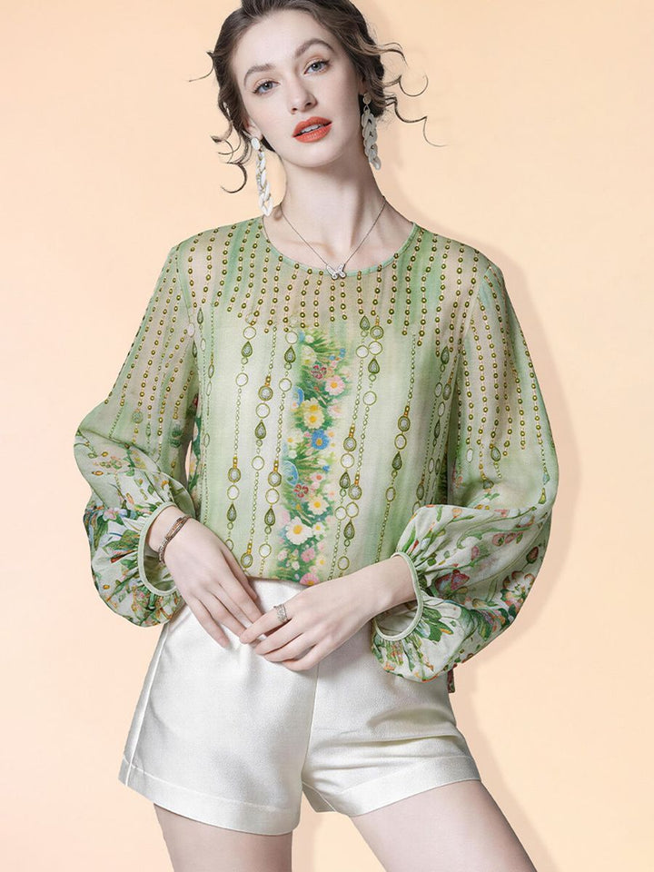 Lightweight Green Printed Round Neck Long Sleeve Summer Silk Chiffon Blouse Sun Protective Cover-up