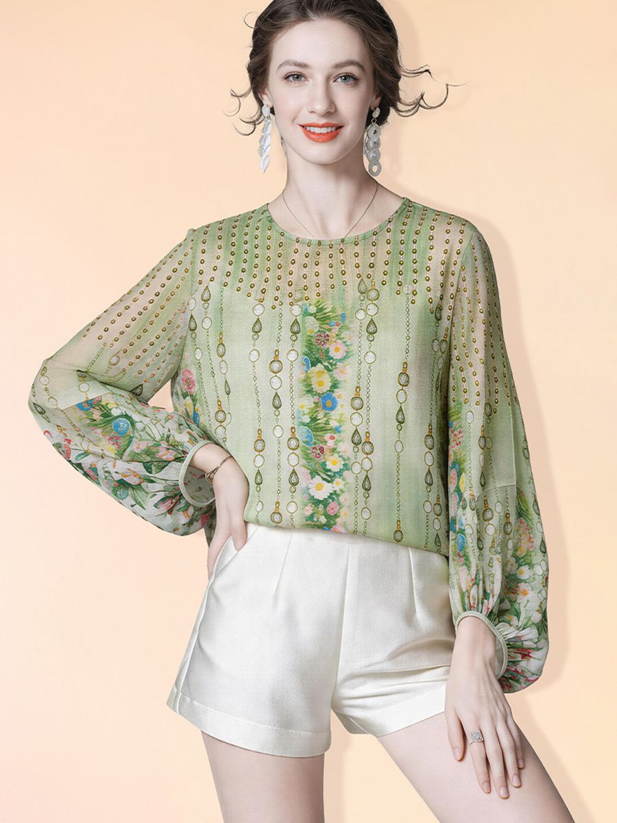 Lightweight Green Printed Round Neck Long Sleeve Summer Silk Chiffon Blouse Sun Protective Cover-up