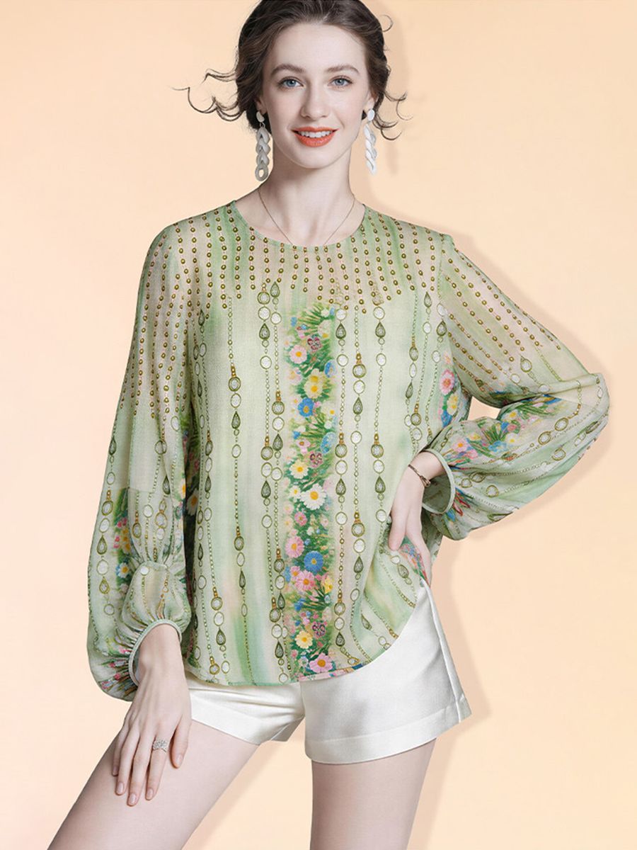 Lightweight Green Printed Round Neck Long Sleeve Summer Silk Chiffon Blouse Sun Protective Cover-up