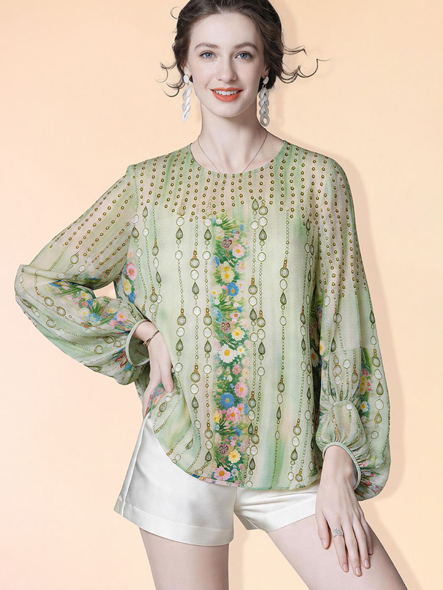 Lightweight Green Printed Round Neck Long Sleeve Summer Silk Chiffon Blouse Sun Protective Cover-up
