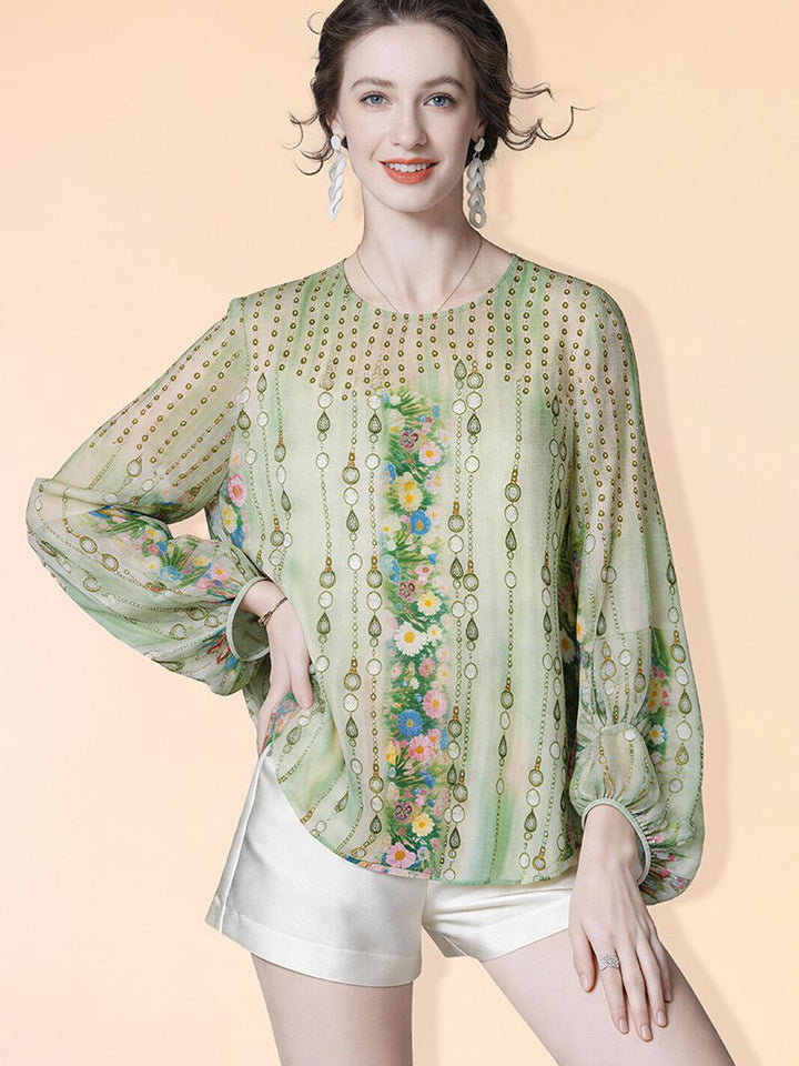 Lightweight Green Printed Round Neck Long Sleeve Summer Silk Chiffon Blouse Sun Protective Cover-up