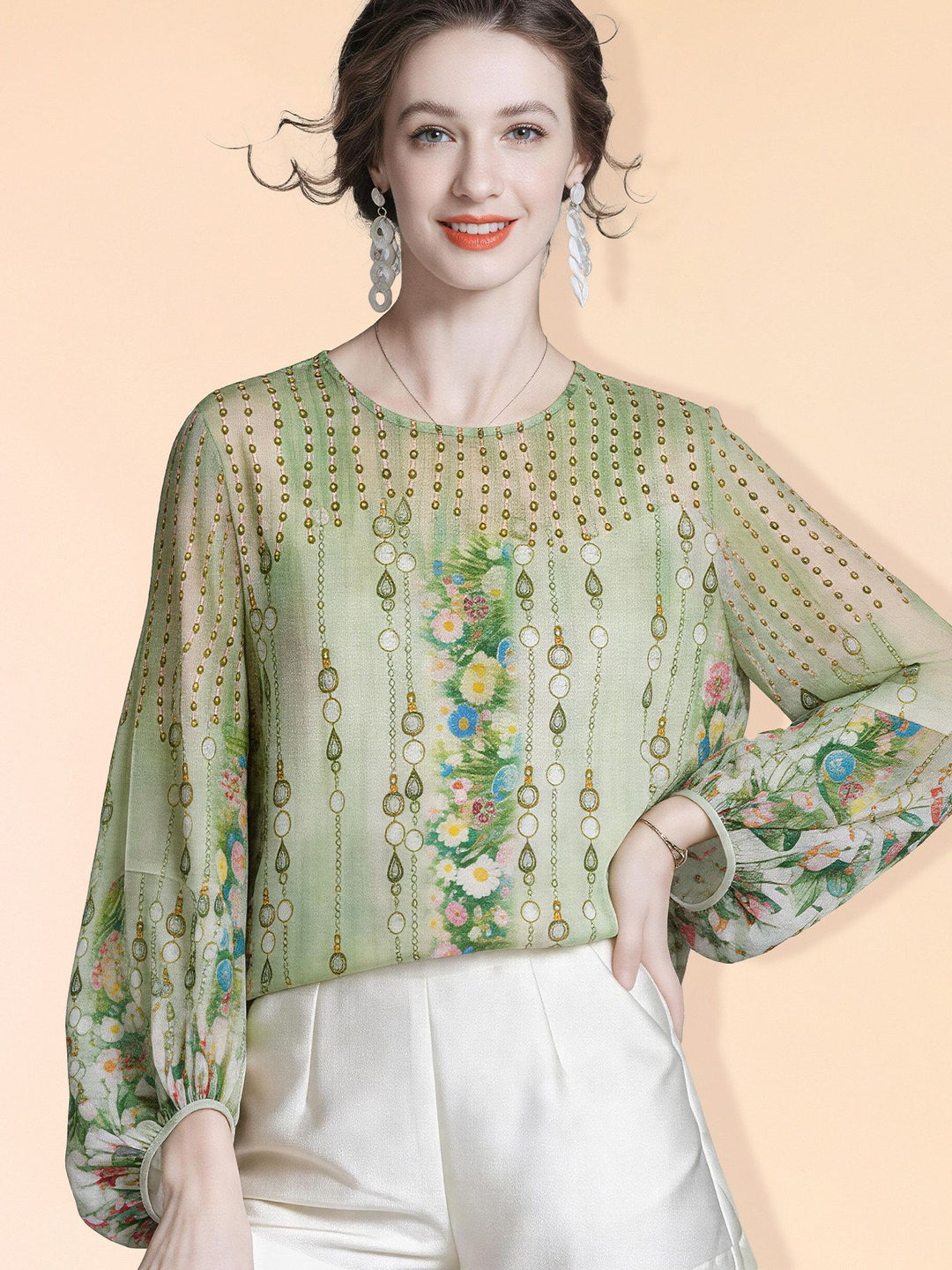 Lightweight Green Printed Round Neck Long Sleeve Summer Silk Chiffon Blouse Sun Protective Cover-up