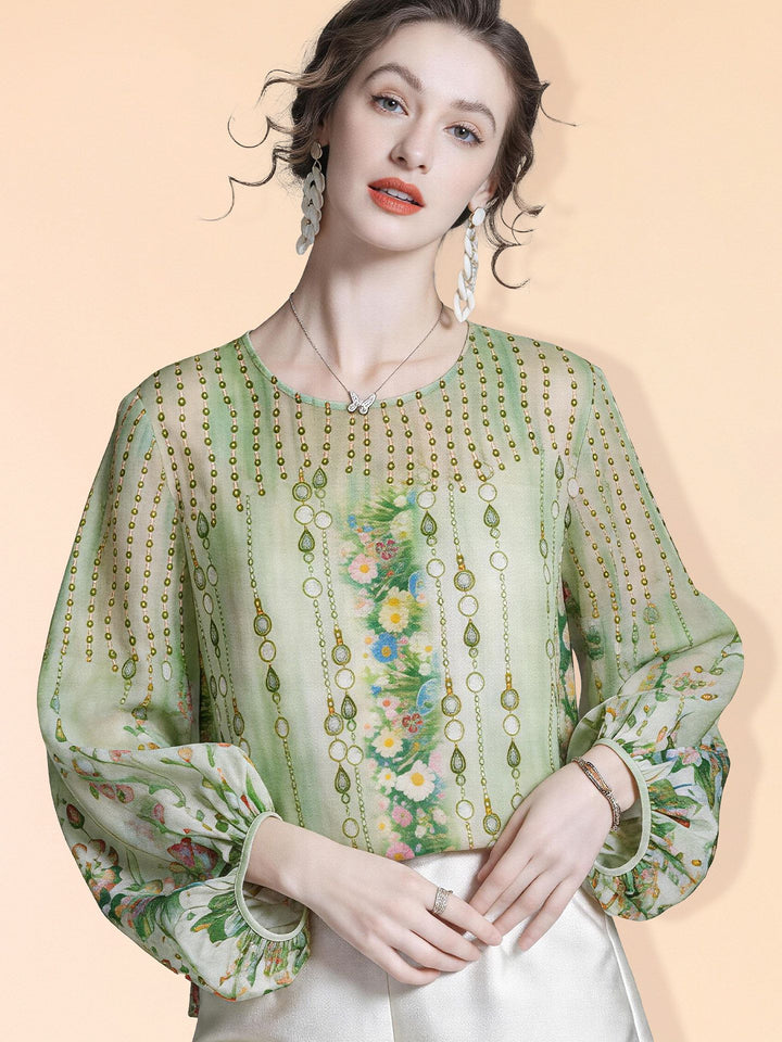 Lightweight Green Printed Round Neck Long Sleeve Summer Silk Chiffon Blouse Sun Protective Cover-up