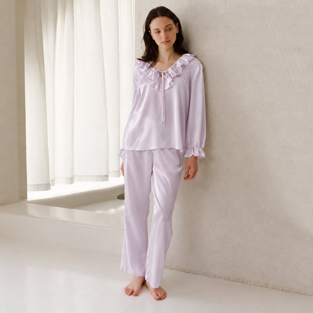 22 Momme V-Neck Ruffled 100% Pure Silk Long Sleeve Pajama Set for Women Wedding Nightwear