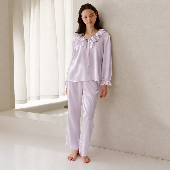 22 Momme V-Neck Ruffled 100% Pure Silk Long Sleeve Pajama Set for Women Wedding Nightwear