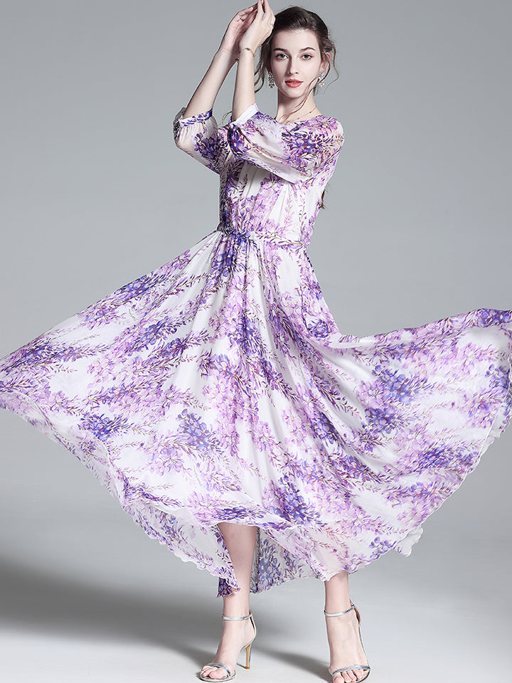 Lilac Floral Mulberry Silk Long Vacation Maxi Dress SD040