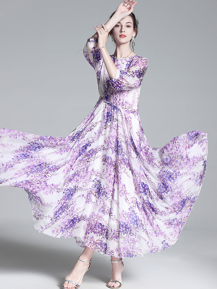 Lilac Floral Mulberry Silk Long Vacation Maxi Dress SD040