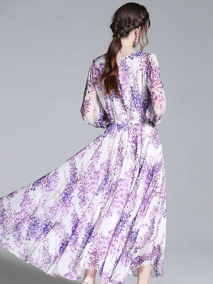 Lilac Floral Mulberry Silk Long Vacation Maxi Dress SD040