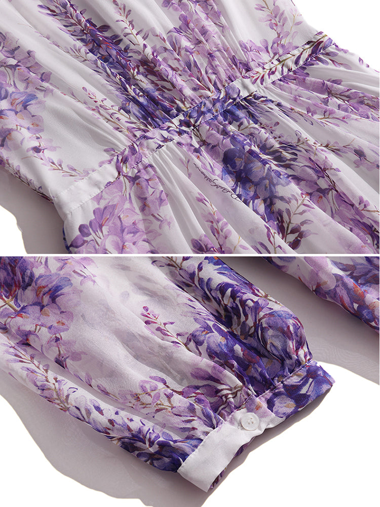 Lilac Floral Mulberry Silk Long Vacation Maxi Dress SD040