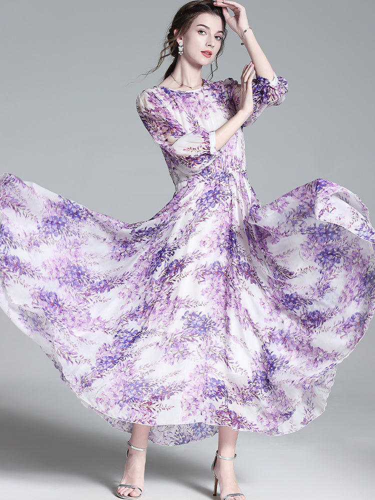 Lilac Floral Mulberry Silk Long Vacation Maxi Dress SD040