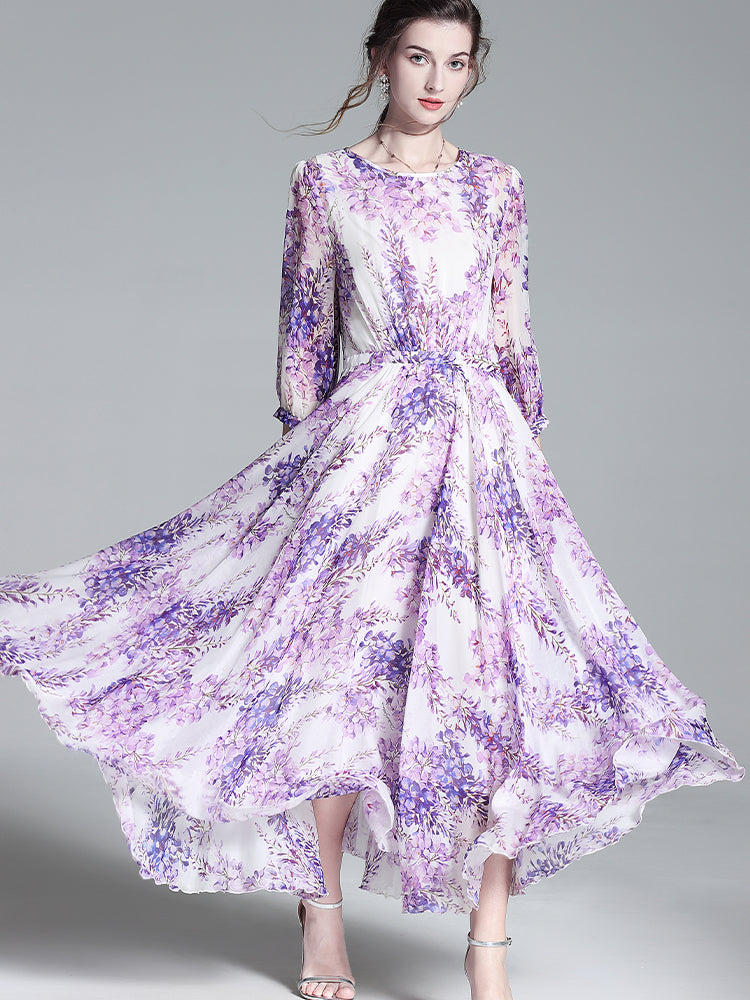 Lilac Floral Mulberry Silk Long Vacation Maxi Dress SD040