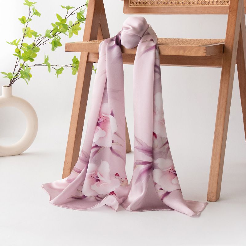 69" x 21" Womens Long Floral Printed Mulberry Silk Scarf Lightweight Luxury Wrap Neck Shawl