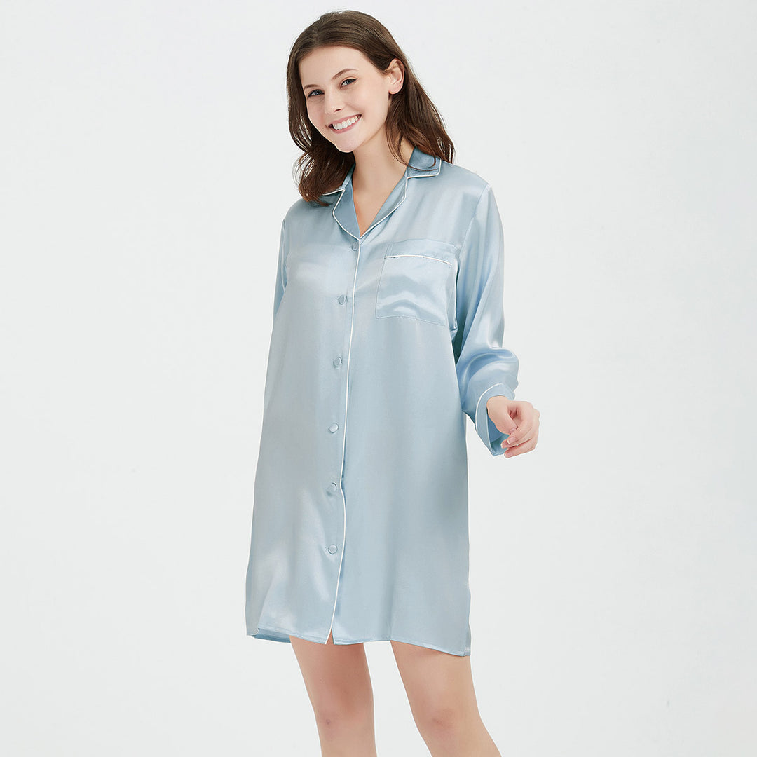 Double-Sided Silky Luxury Long Sleeve Mulberry Silk Nightshirt for Women LSP036