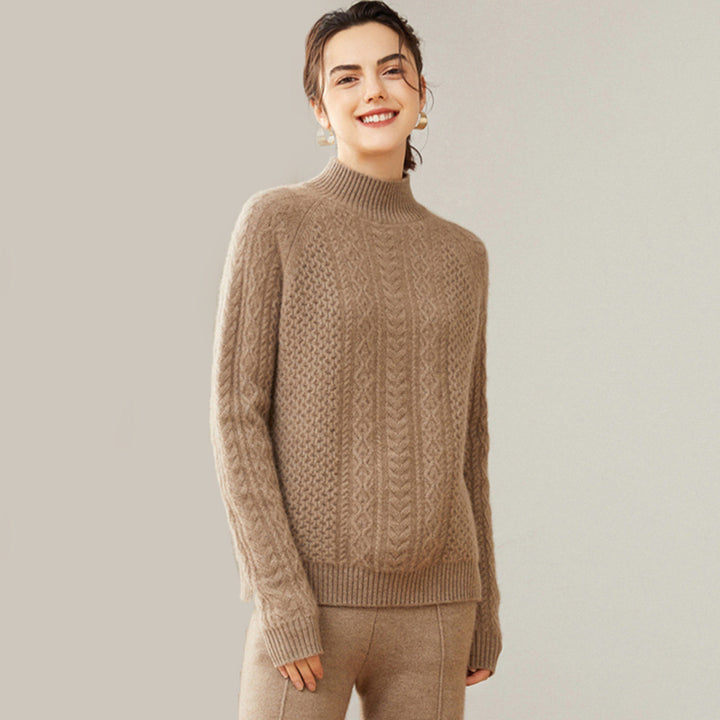 Luxurious Cable-Knit Mock Neck Cashmere Sweater for Women CP003