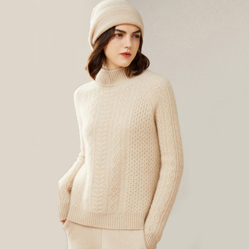 Luxurious Cable-Knit Mock Neck Cashmere Sweater for Women CP003