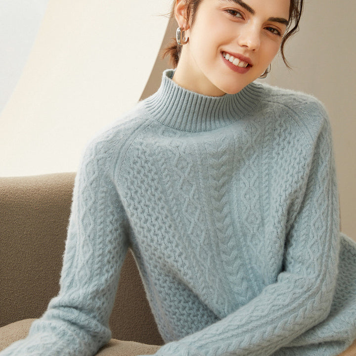 Luxurious Cable-Knit Mock Neck Cashmere Sweater for Women CP003