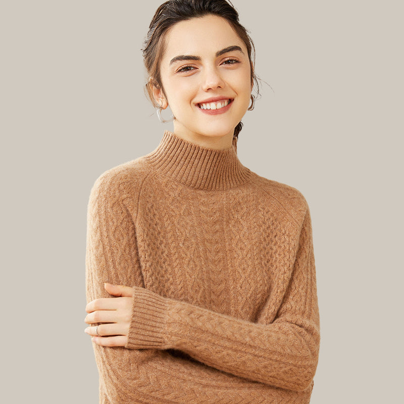 Luxurious Cable-Knit Mock Neck Cashmere Sweater for Women CP003