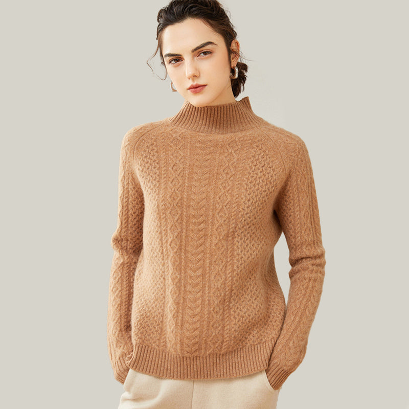 Luxurious Cable-Knit Mock Neck Cashmere Sweater for Women CP003