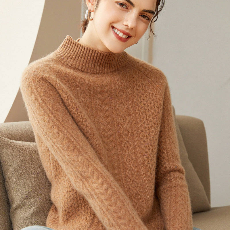 Luxurious Cable-Knit Mock Neck Cashmere Sweater for Women CP003