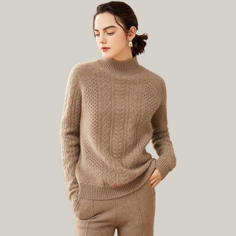 Luxurious Cable-Knit Mock Neck Cashmere Sweater for Women CP003