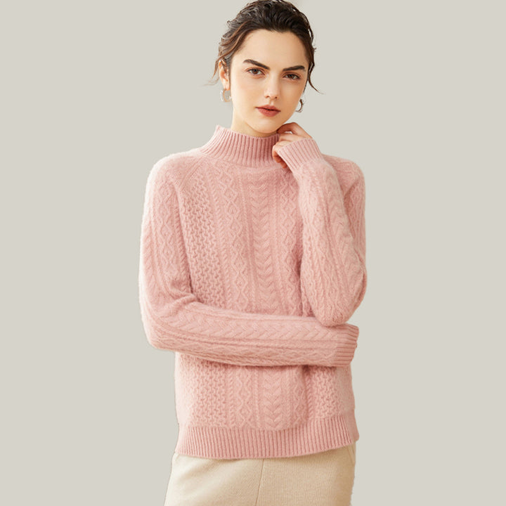 Luxurious Cable-Knit Mock Neck Cashmere Sweater for Women CP003