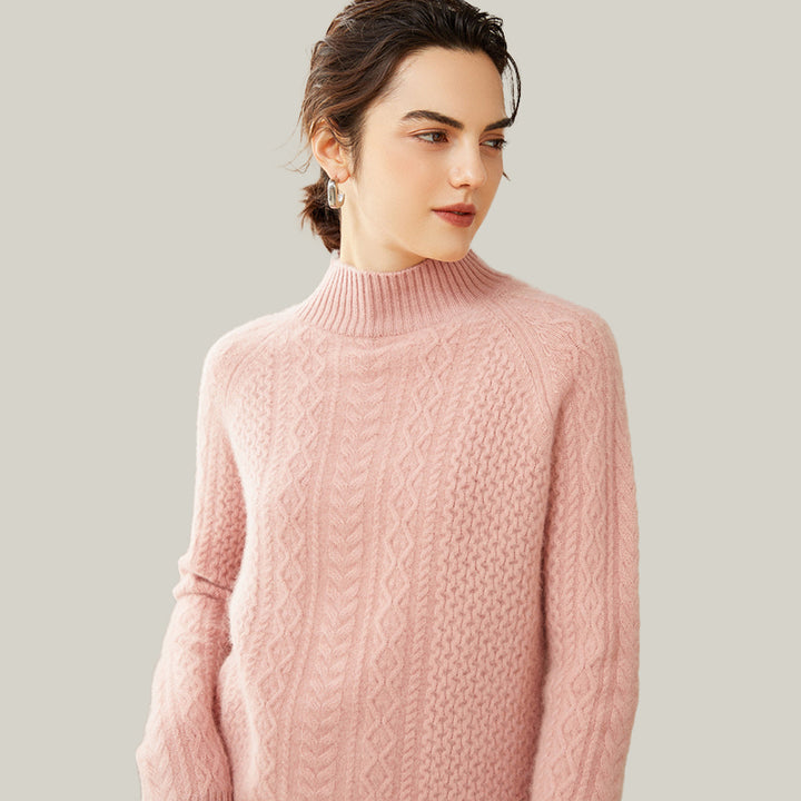 Luxurious Cable-Knit Mock Neck Cashmere Sweater for Women CP003