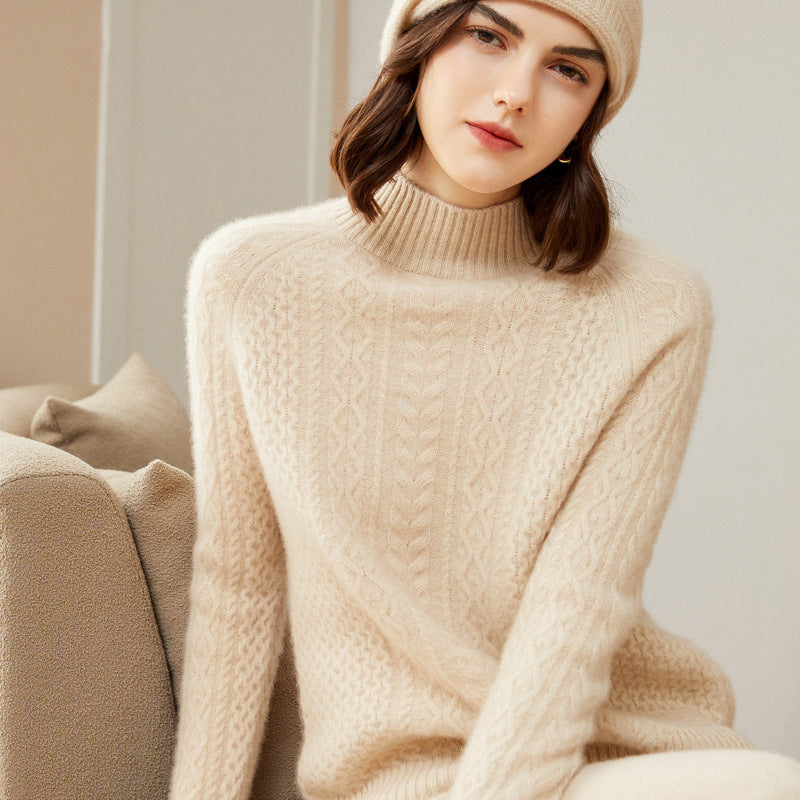 Luxurious Cable-Knit Mock Neck Cashmere Sweater for Women CP003