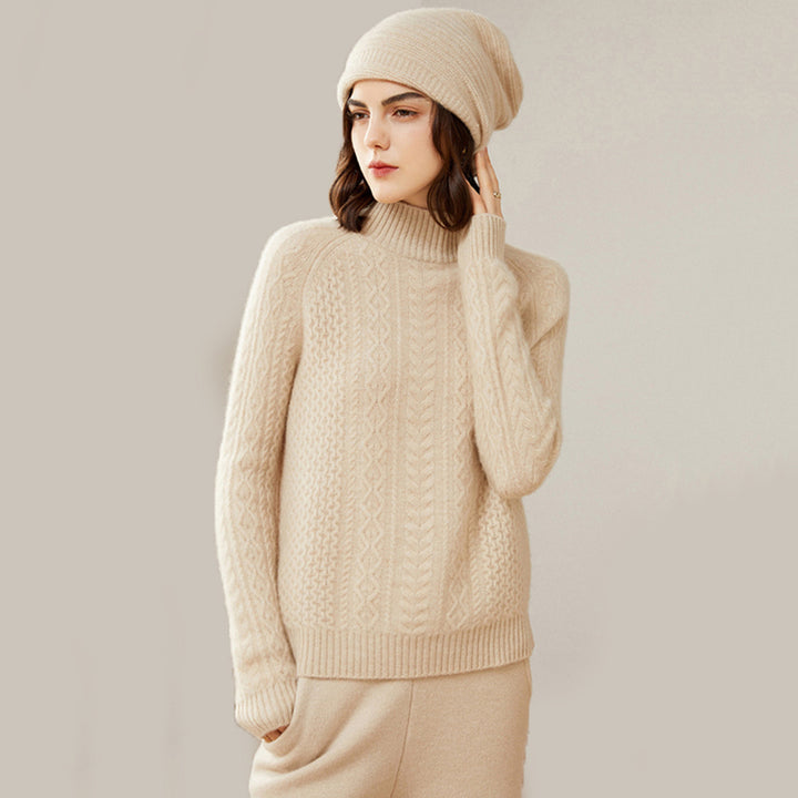 Luxurious Cable-Knit Mock Neck Cashmere Sweater for Women CP003