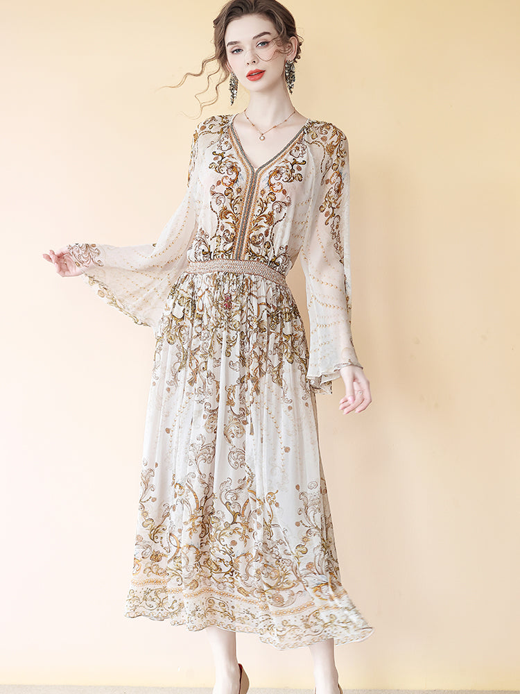 Luxurious Noble Pattern Beige Long Sleeve V Neck Maxi Silk Dress SD079