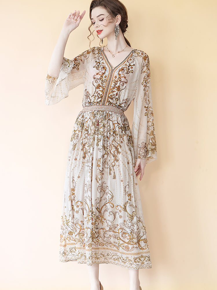 Luxurious Noble Pattern Beige Long Sleeve V Neck Maxi Silk Dress SD079